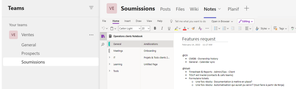 onenote dans un onglet teams